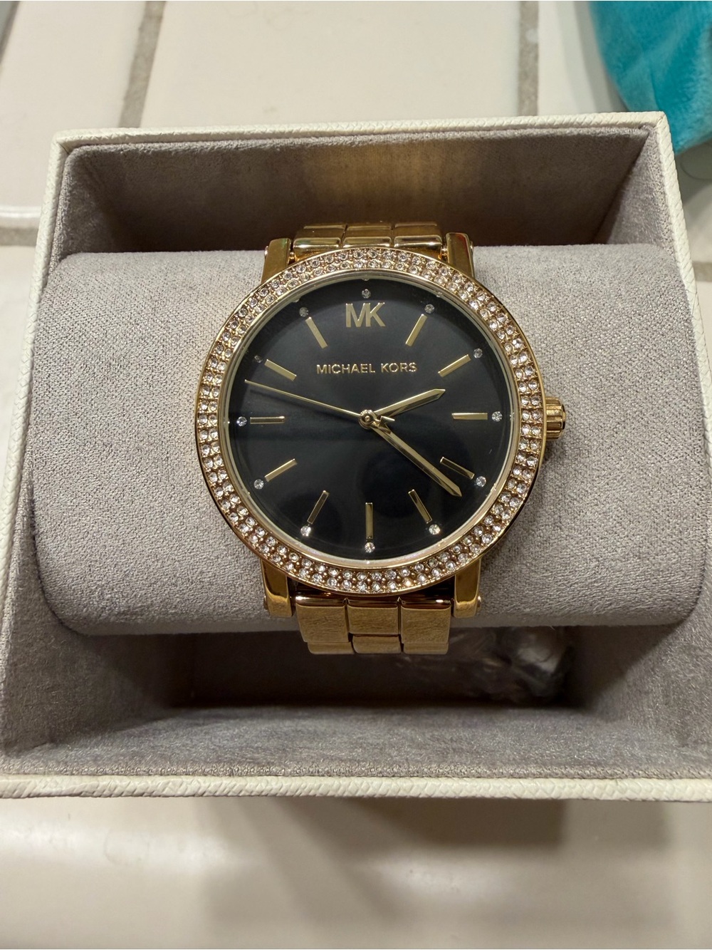 Michael Kors Gold-Tone Watch with Black Dial and Crystal Bezel